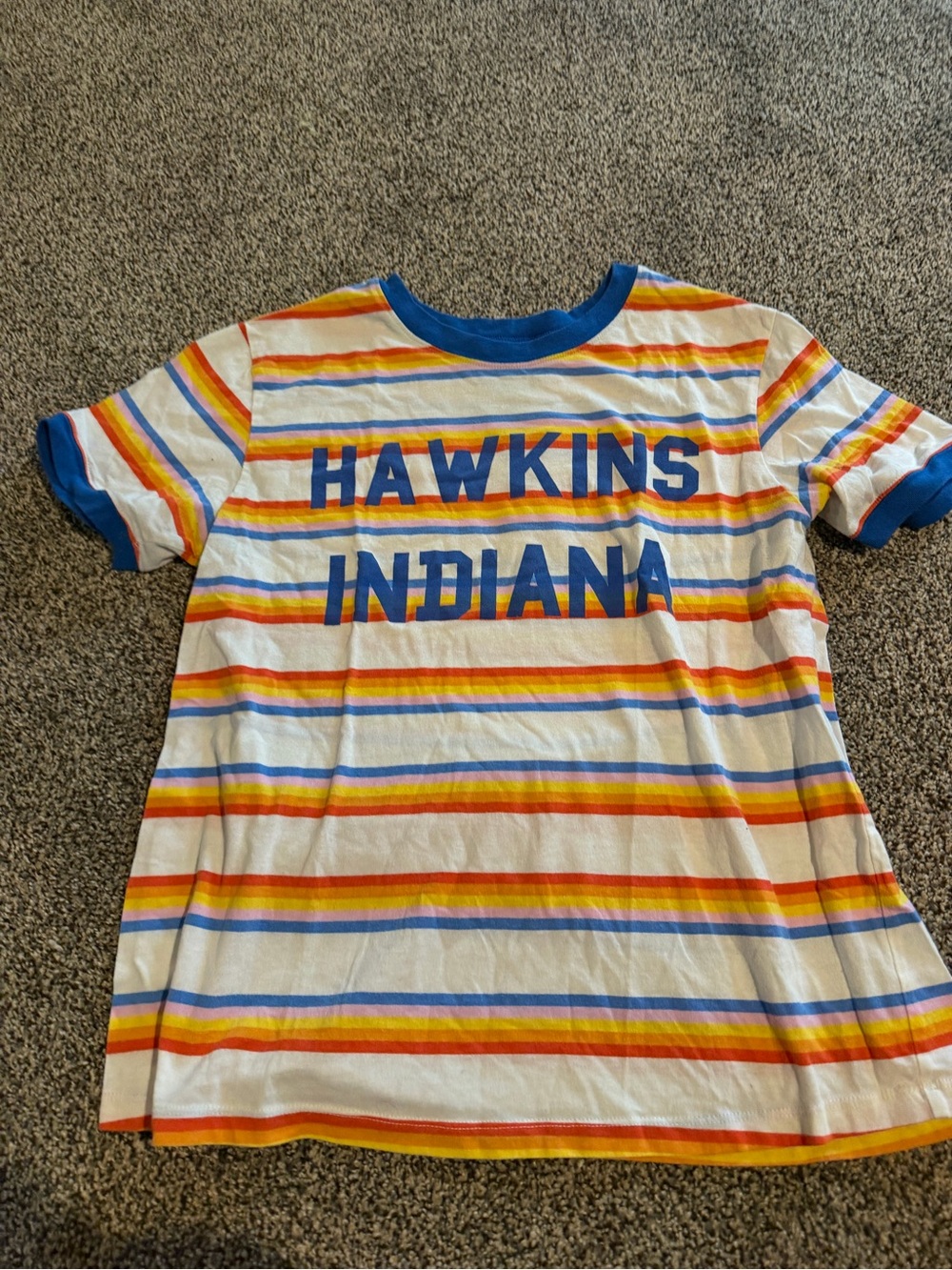 Hawkins Indiana Striped Short Sleeve Tee - Blue, Yellow & Orange - Picture 2 of 5